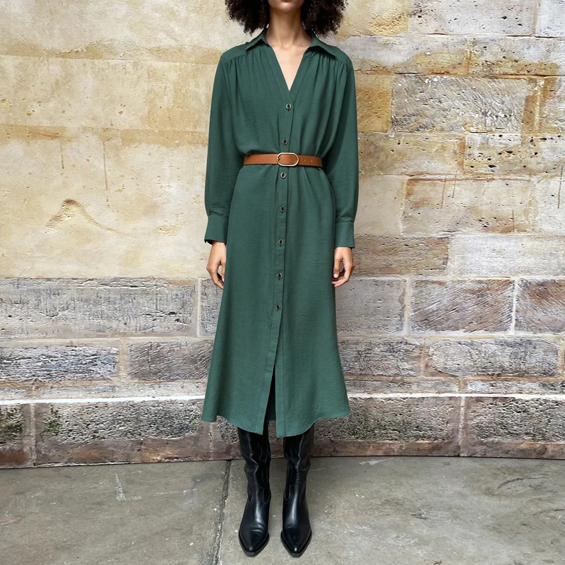 

Casual Women's V-neck Shirt dress With belt Spring summer Green Buttons up Midi dress Office lady Casual Loose 2022 YNZZU 1D107