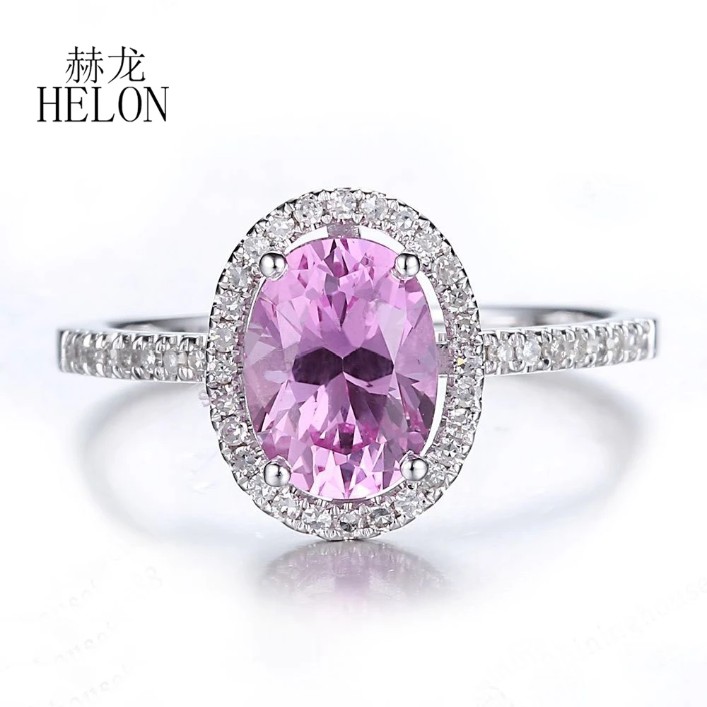 

HELON Ladies Elegant Fashion Jewelry Ring Real 14K White Gold Oval 8x6mm Pink Topaz Engagement Wedding Natural Diamond Halo Ring
