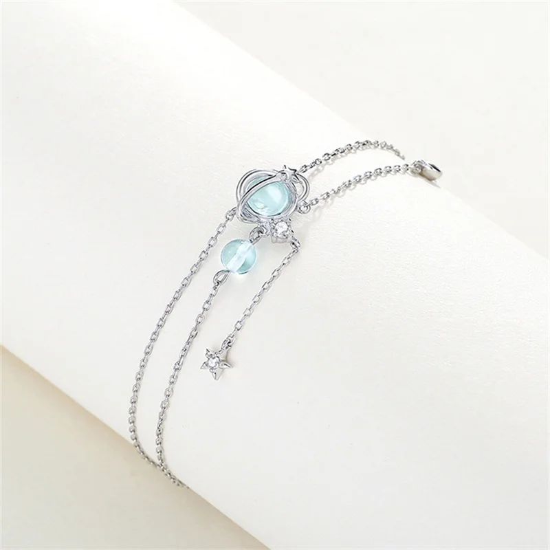 

Trendy Silver Plated Pendant Bracelets Girls Anniversary Gift Blue Crystal Sun Moon Star Bracelet Necklace For Women Jewelry Set