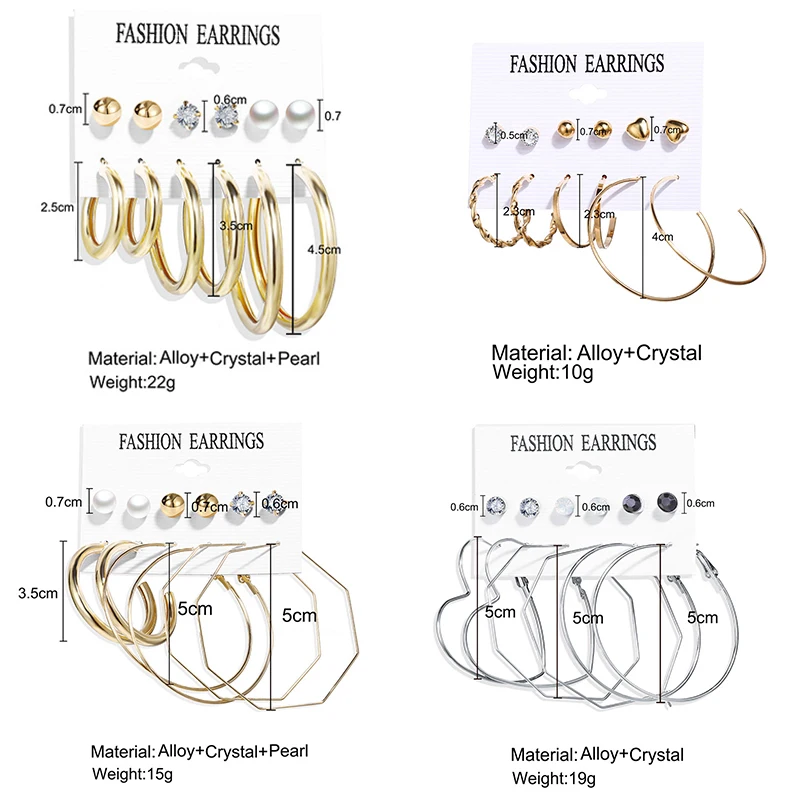 

6 Pairs/Set Geometric Acrylic Pearl Dangle Drop Earrings For Women Bohemian Circle Crystal Stud Earring Wedding Party Jewelry