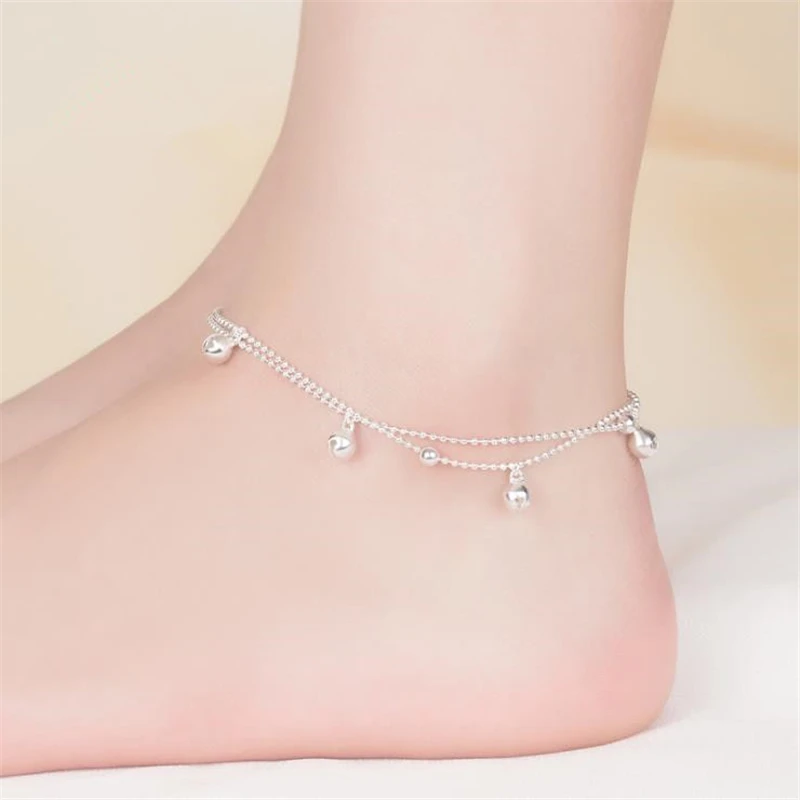 

KOFSAC New 925 Sterling Silver Anklets For Women Exquisite Small bells Ankles Chain Bracelets Barefoot Sandal Beach Foot Jewelry