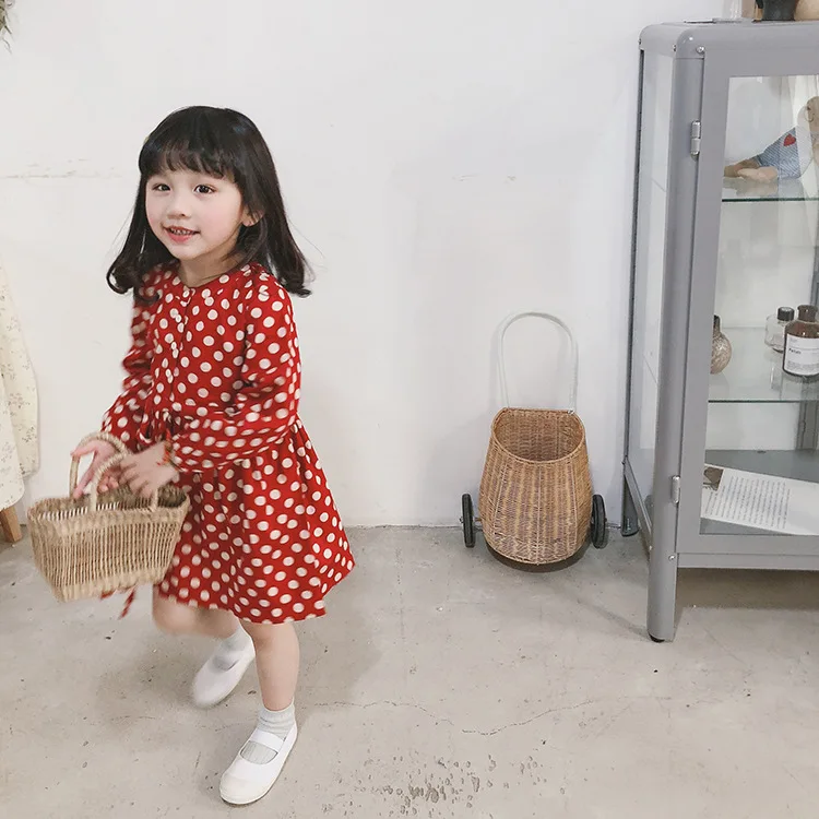 Весенние милые платья в горошек с длинным рукавом для девочек женское хлопковое