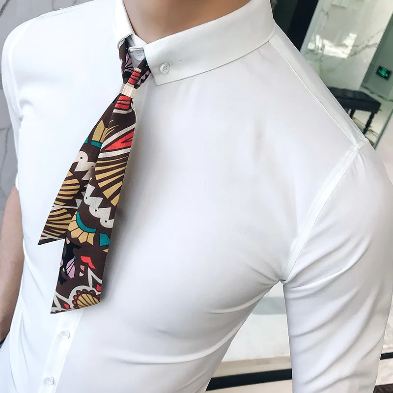 

British Style Half Sleeve Men Dress Shirt Plus Size 5XL Party/Prom/Club Tuxedo Shirt Slim Fit Streetwear Casual Shirts With Tie