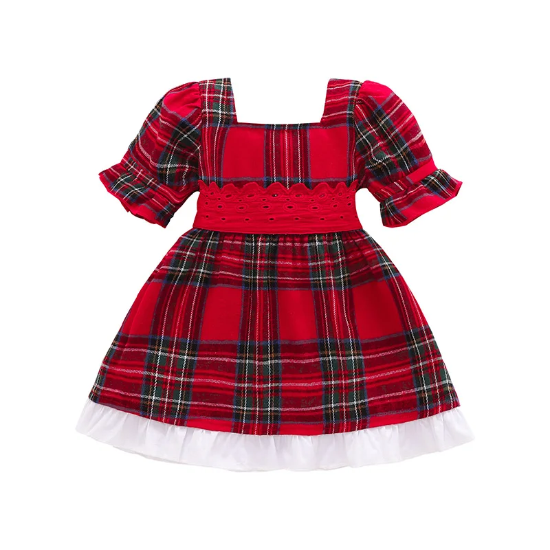

Toddler Baby Girls Casual Dress, Square Neck Puff Sleeve Lace Decor Bowknot Plaid 1-Pieces Dresses For Toddler Babies