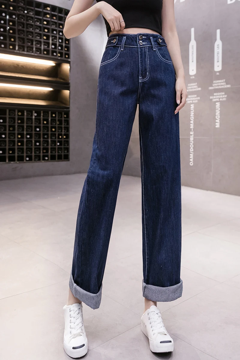 

Houthion New High Waist Women's Denim Jeans Solid Color Wide Leg Pocket Fashion Summer Korean Casual Zipper Pants