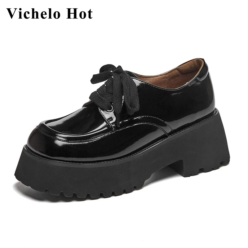 

Vichelo Hot genuine leather round toe high heels thick vintage solid preppy style high street fashion lace up women pumps L30
