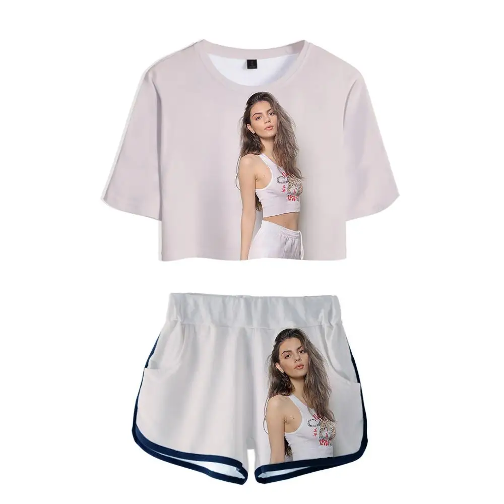 

2021 new popular 3D Addison-Rae naked belly button T-shirt + shorts ladies two-piece fashion 3D Addison-Rae ladies summer