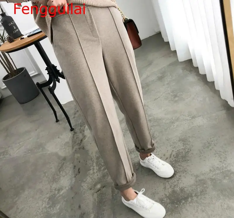 

Утепленные женские брюки-карандаш, Осень-зима, стиль OL, шерстяной Женский Рабочий костюм, брюки свободного кроя, женские брюки