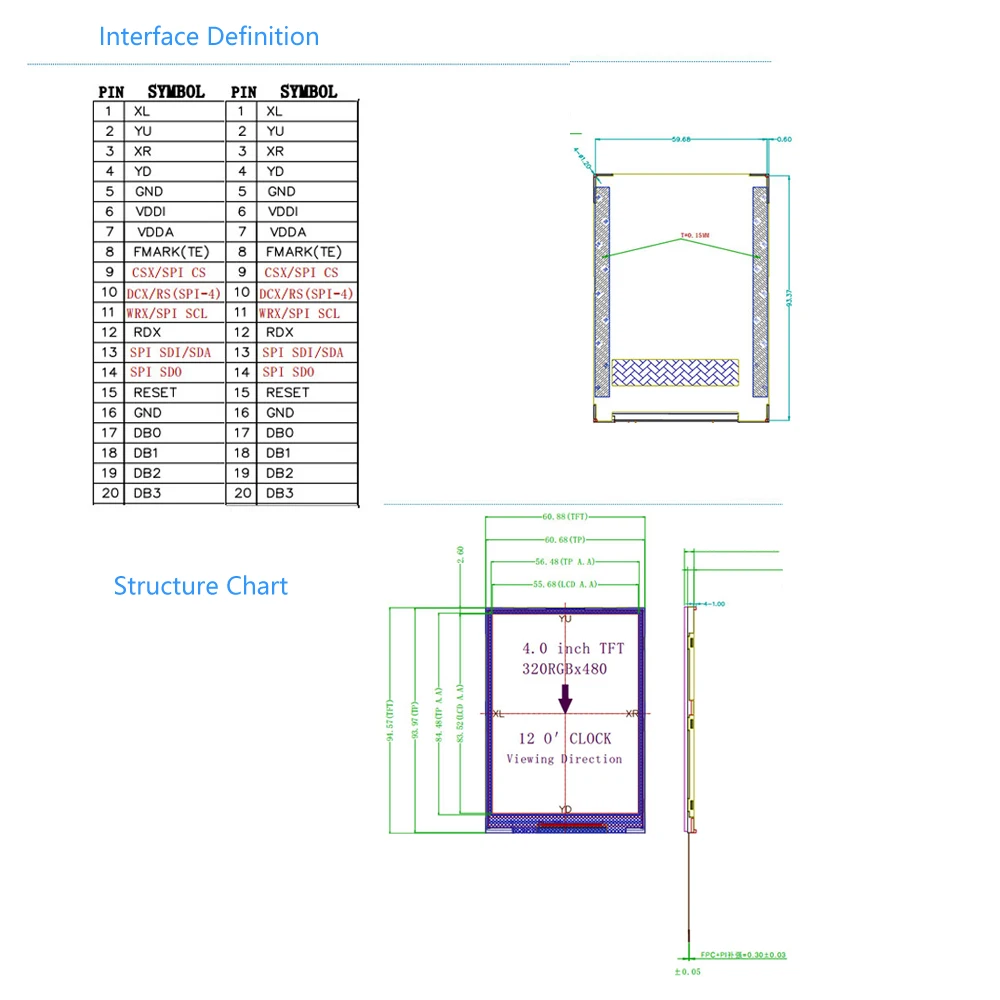 

TFT LCD Display Module DC 3.3V 4.0 inch RGB 320*480 ST7796S Driver SPI Interface 320x480 Resolution