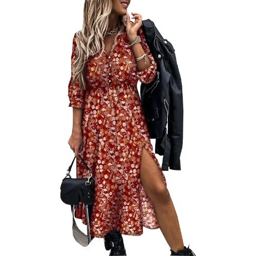 

Autumn Long Dress Robe for Women 2021 Casual Long Sleeve Split Dress Female Elegant Maxi Party Spring
