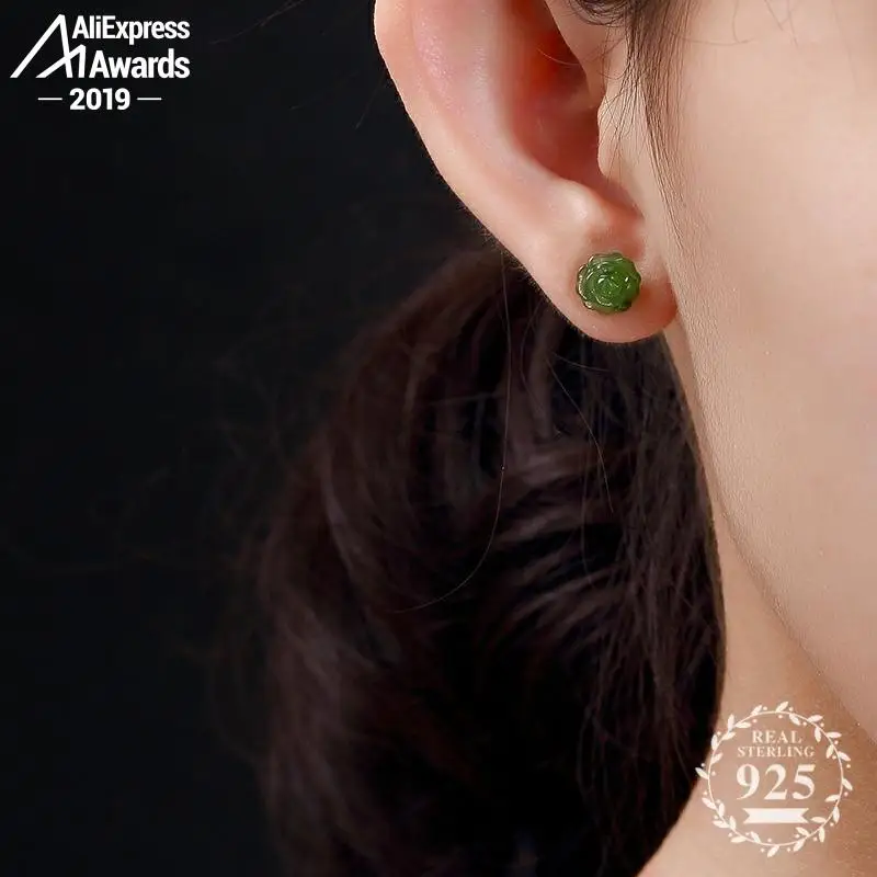 Женские серьги из серебра 925 пробы с зеленым нефритом|Серьги-гвоздики| |