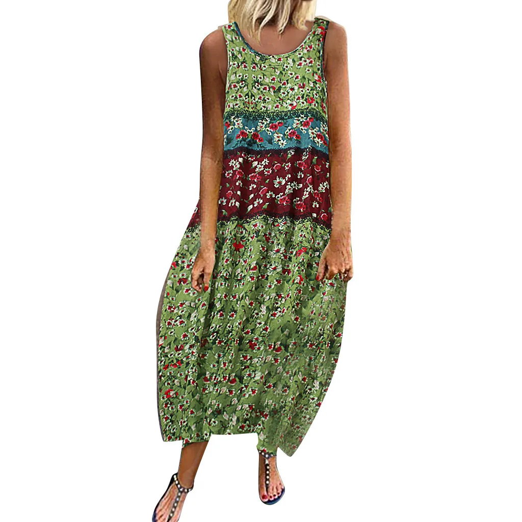 Женское винтажное платье макси с цветочным принтом без рукавов круглым вырезом