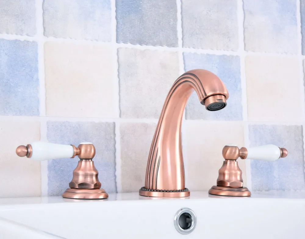 

Antique Red Copper Brass Deck Mounted Dual Handles Widespread Bathroom 3 Holes Basin Faucet Mixer Water Taps msf538