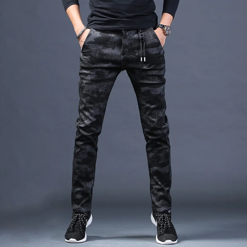 Men Jeans Summer Camouflage Black Pants Fashion Slim Fit Stretch Denim Trousers