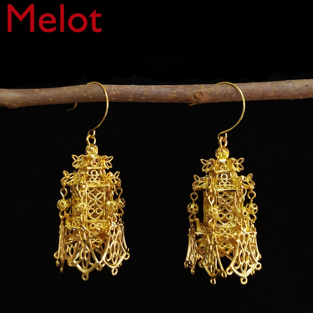

Imitation Qing Dynasty Imperial Palace Silver Plated Filigree GD Earrings Eardrops