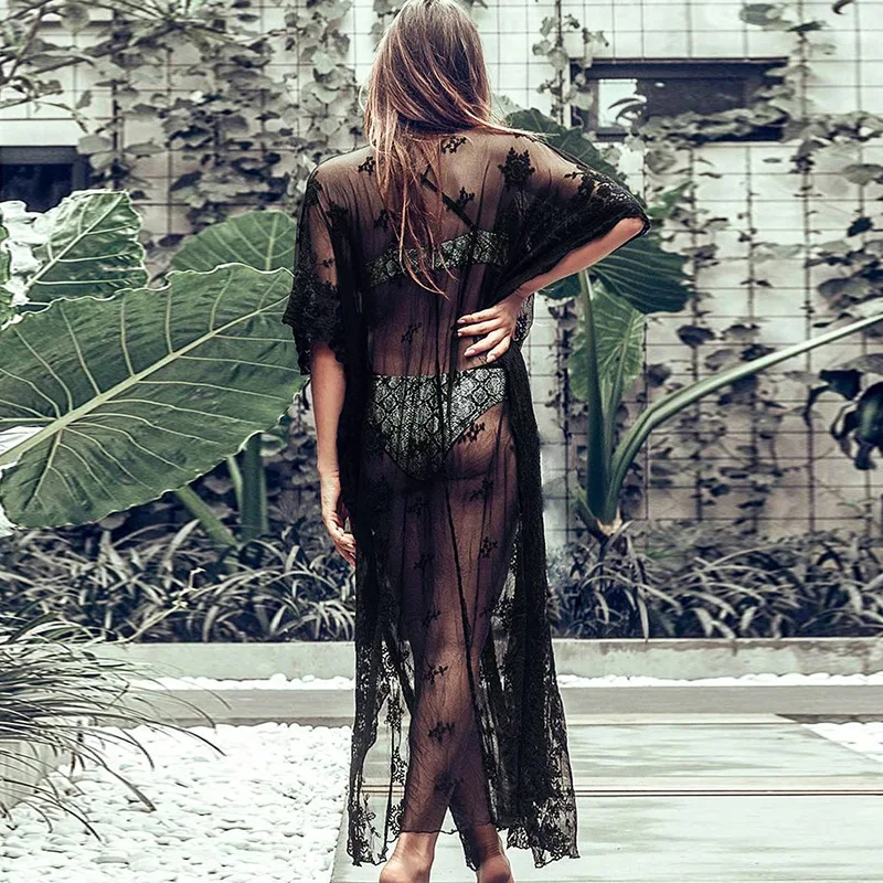 2021 New Summer Women Bikini Cover Up Floral Hollow Out Swimsuit Bathing Wear Beachwear Sexy Black Lace Holiday Long Sheer Dress