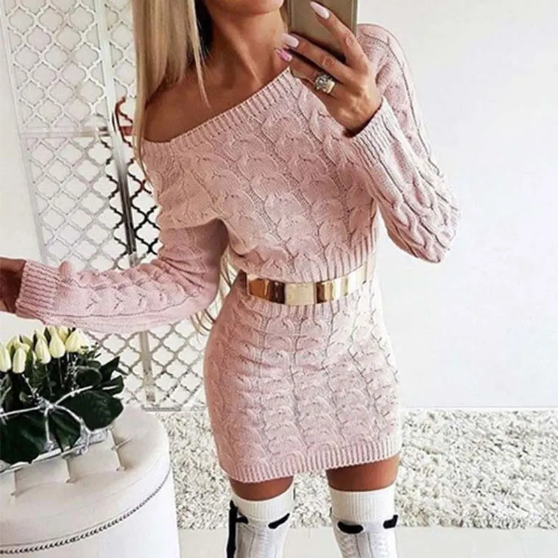 2019 Autumn Long Sweater Dress Women Winter Warm Thicken Off Shoulder Knitted Dresses Ladies | Женская одежда