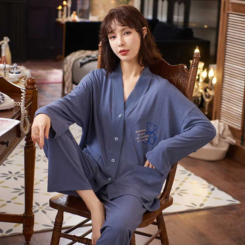 

2PCS Sleepwear Cotton Pajamas Set Autumn Long Sleeve Shirt&Pants Femme Nightwear Suit Casual Pyjamas Thick Homewear With Print