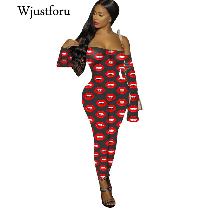 

Wjustforu Printed sexy nightclub pants for women Red lips and Blue cupid slim jumpsuit Strapless Slash Neck jumpsuits