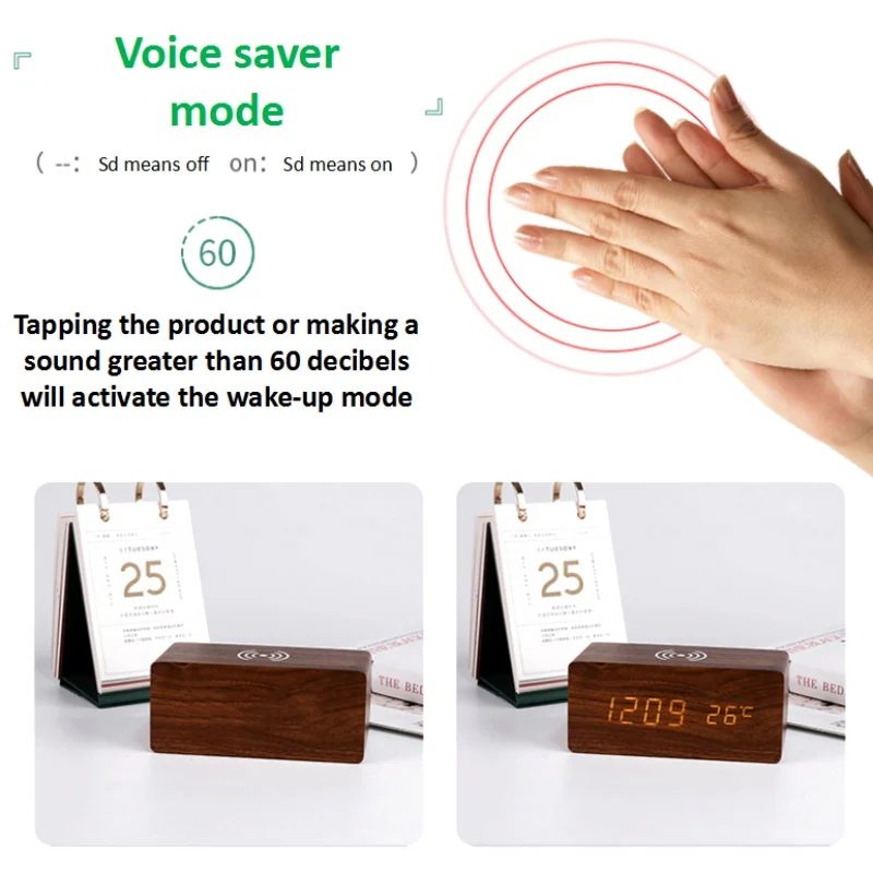 

LED Digital Alarm Clock Creative Wireless Charging Wooden Clock Smart Phone Charging Clock Multiple Styles With Battery