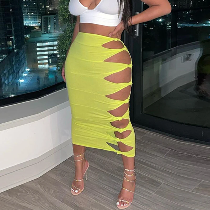 

Summer Party Club Slim Long Skirt Yellow Black Orange Sexy High Waist Skirt Female Hollow Pencil Skirt Female
