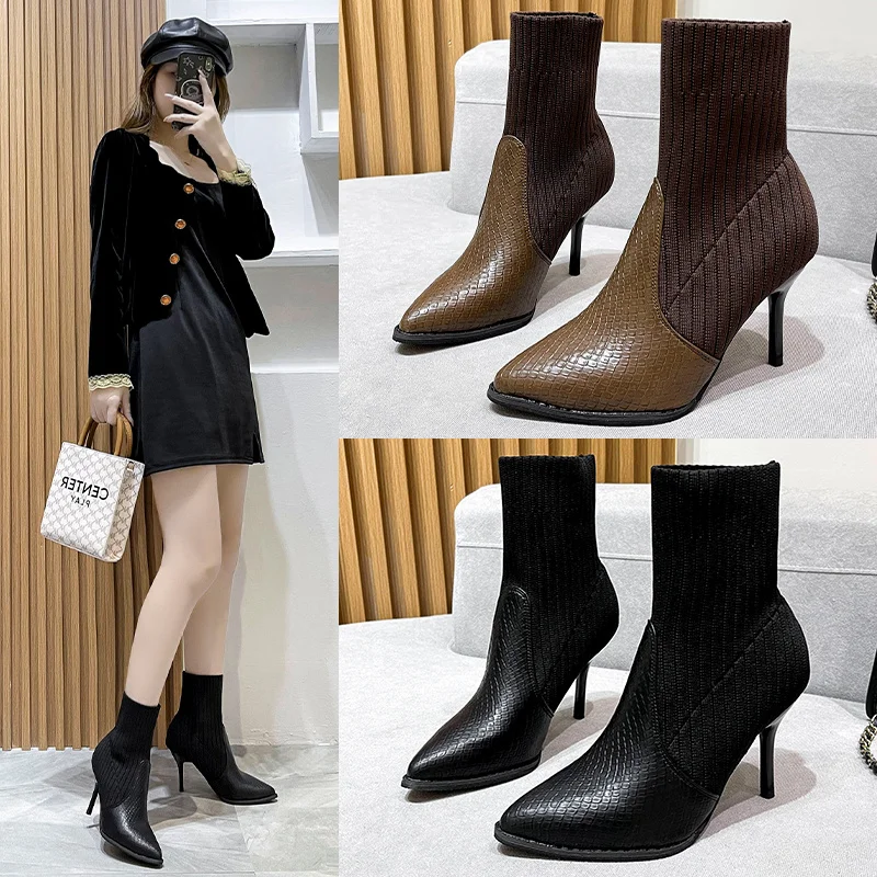 

2021 Winter Sock Boots Sexy Knitting Stretch Boots High Heels for Women Fashion Shoes Female Stripe Autumn Ankle Boots Booties