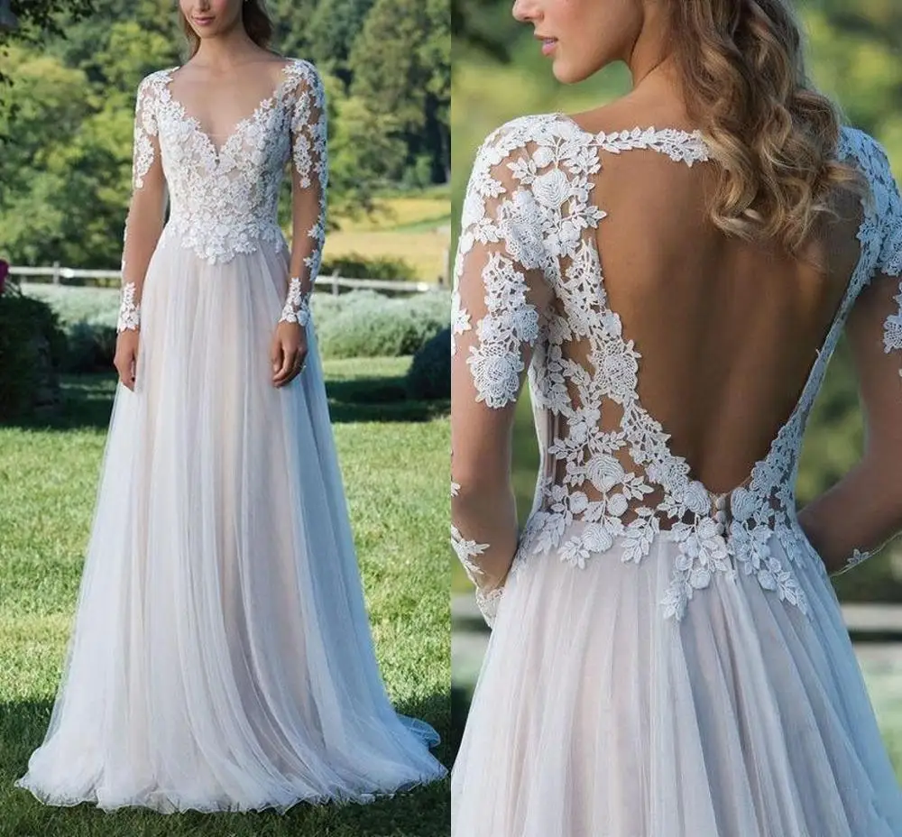 

2023 свадебное платье в стиле бохо, простое кружевное свадебное платье с длинными рукавами, открытой спиной и аппликацией, Пляжное Тюлевое платье на заказ
