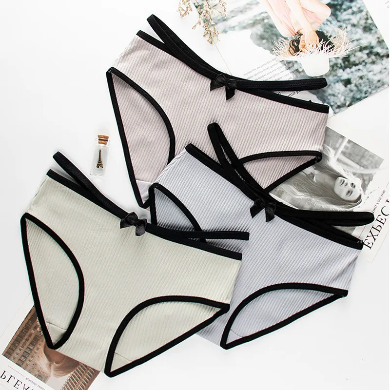 

Roseheart Fashion Gray Cotton Bow Low Waist Straps Women Panties Underwear Lingerie Women Briefs 3 Piece 3 Color Underpants