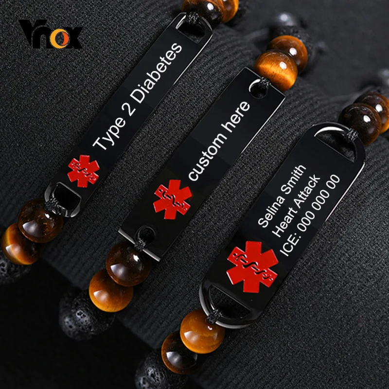 

Vnox Free Customized Bracelets for Men Women,Adjustable Medical Disease Engraving Reminder Tiger Eye Lava Stone Beads Bangle