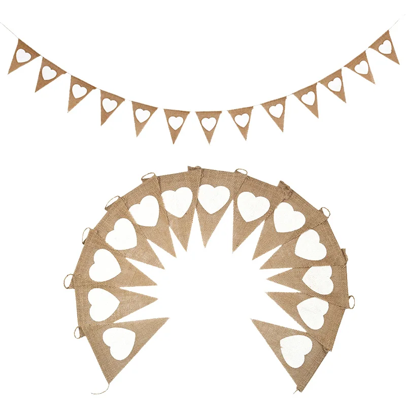 

13 Flags Vintage Jute Hessian Burlap Bunting Love Heart Banners Party Flag Diy for Party Wedding Banner Garland Tent Decor