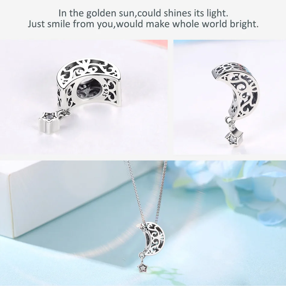 BELAWANG Luxury 925 Sterling Silver Openwork Moon and Star Goodnight Charm Beads fit Bracelet DIY Jewelry Valentine Day Gift | Украшения и