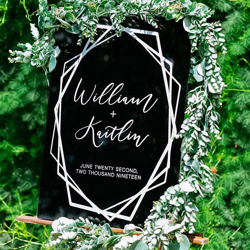Персонализированный геометрический акриловый Свадебный знак черное