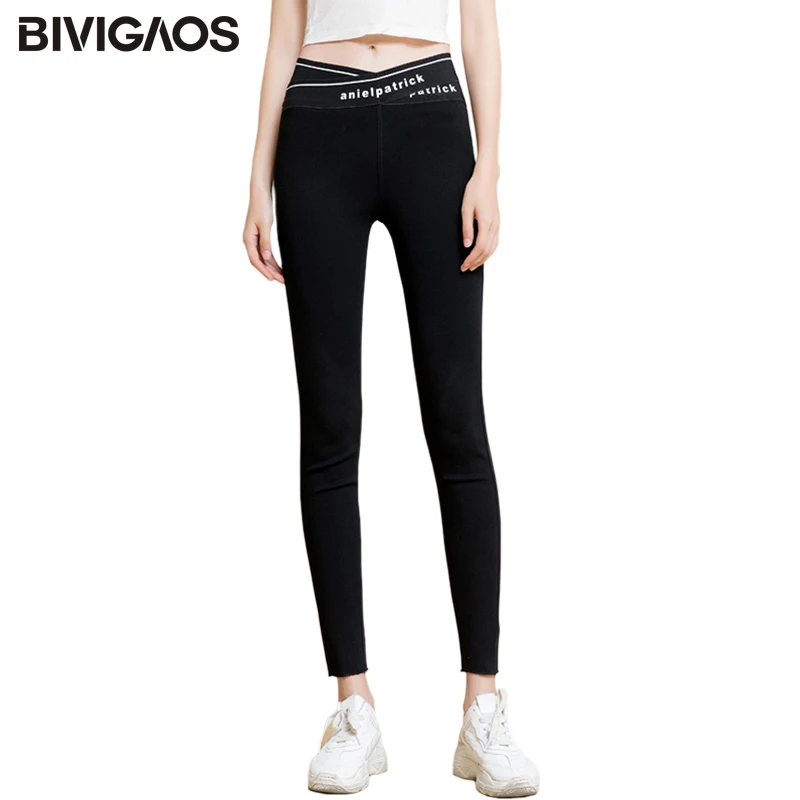 BIVIGAOS 2019 Осенние женские новые черные брюки с высокой талией перекрестными