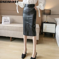 oneimirry 2021 autumn high waist women pu leather skirt fashion office ladies slim split midi skirts female button black faldas