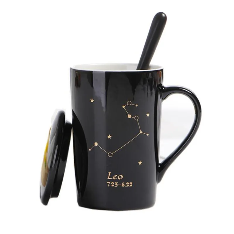 

With Gift Box 12 Constellations Creative Ceramic Mugs with Spoon Lid Black and Gold Porcelain Zodiac Milk Coffee Cup 400ML Water