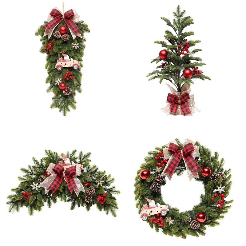 K92A Christmas Garland Red Pine Berry Xmas Tree Wreath for Holiday Party Garden Farmhouse Desktop Decoration New Year Gift