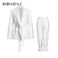 twotwinstyle solid color korean two piece set women blazer high waist belt lace up straight pants suits female 2021 fashion new