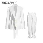 Женский костюм из двух предметов TWOTWINSTYLE, однотонный, блейзер с высокой талией, прямые брюки на шнуровке, в Корейском стиле, 2021