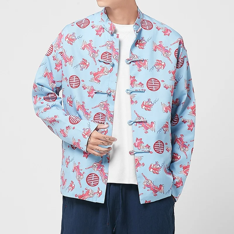 

Традиционная китайская одежда для мужчин, топы, куртка, кардиган, китайская рубашка с принтом Kylin, однотонный костюм ханьфу, кунг-фу, тайчи, Т...