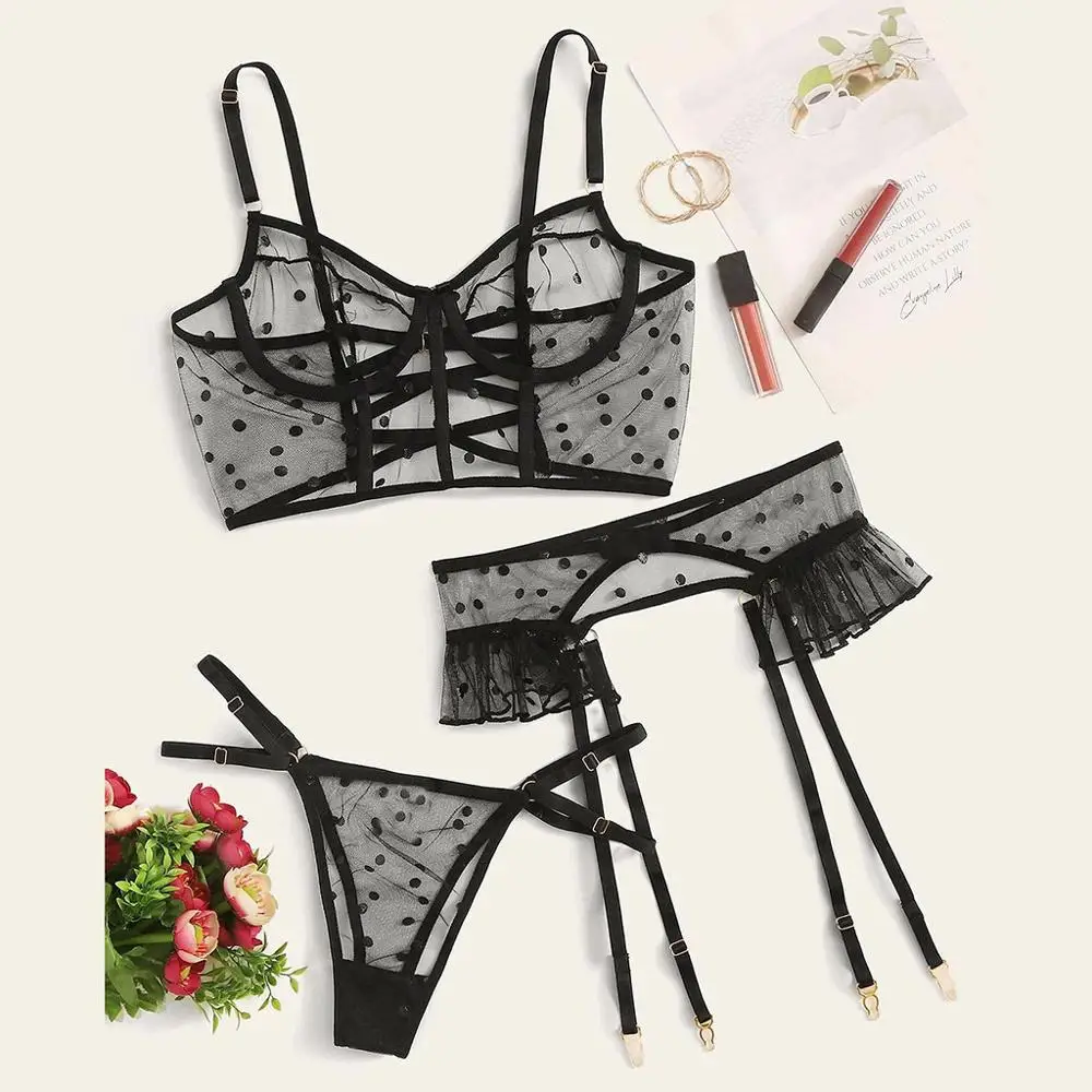 

Sexy Exquisite Mesh Lingerie Bra+Garter+Briefs Set Babydoll Cut-Out Sleepwear Lingerie Set Breathable Comfortable intimates *P