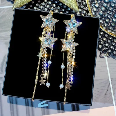 Korean Style Shiny Star Drop Earrings for Women New Bijoux Long Tassel Blue Crystal Dangle Jewelry Accessories |