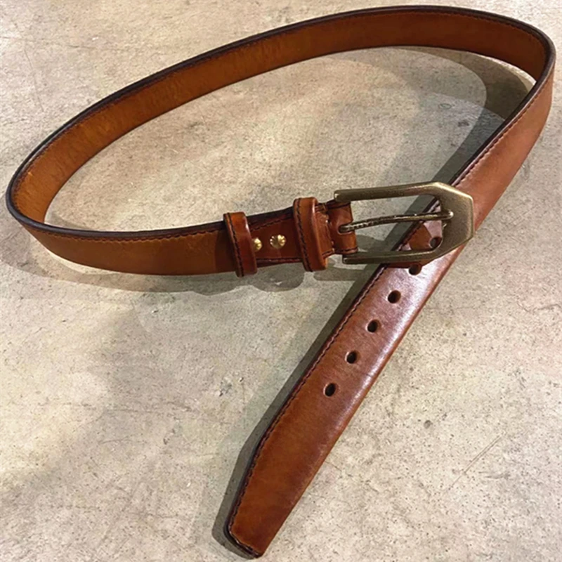 

Men's Handmade Belt Designer Luxury Full Grain Leather Stitched Brass Buckle Black Casual Jeans Belt Adjustable Length 140cm
