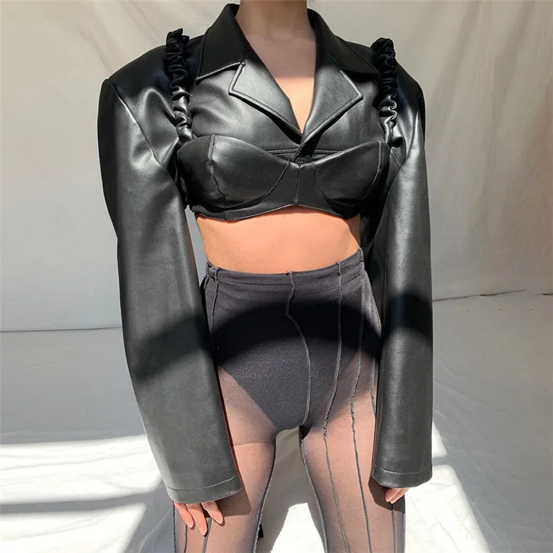 Women PU Leather Jacket Short Button Coat Slim Cardigans Moto Biker Jackets Oversized Tops Outwear