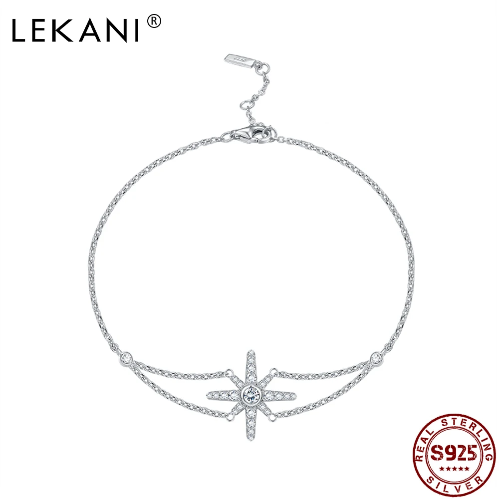 

LEKANI 925 Sterling Silver Bracelets For Women Shining CZ Eight-Pointed Star Charm Bracelet Buckle Type Adjustable Fine Jewelry