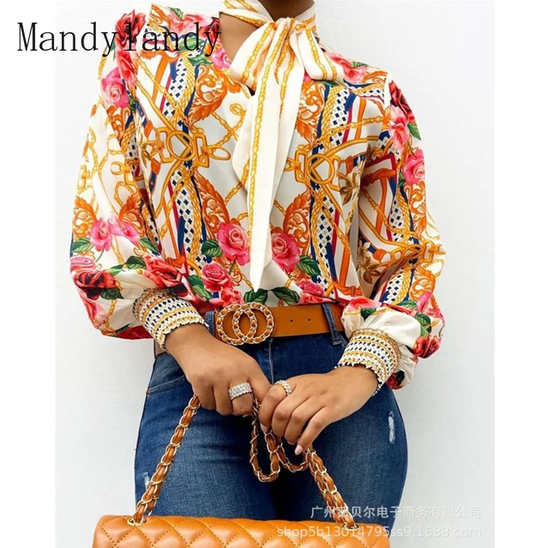 

Mandylandy Women's Elegant Print Chiffon Shirt Top Lady Casual Fashion Long Sleeve V Neck Loose T-shirt Blouse
