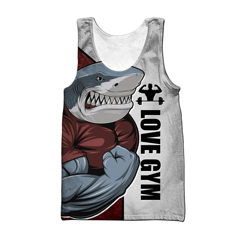 CLOOCL Shark Love Fitness Tank Tops 3D Cartoon Animal Letter Printed Tops Sleeveless Vest Personality DIY GYM Men Clothing