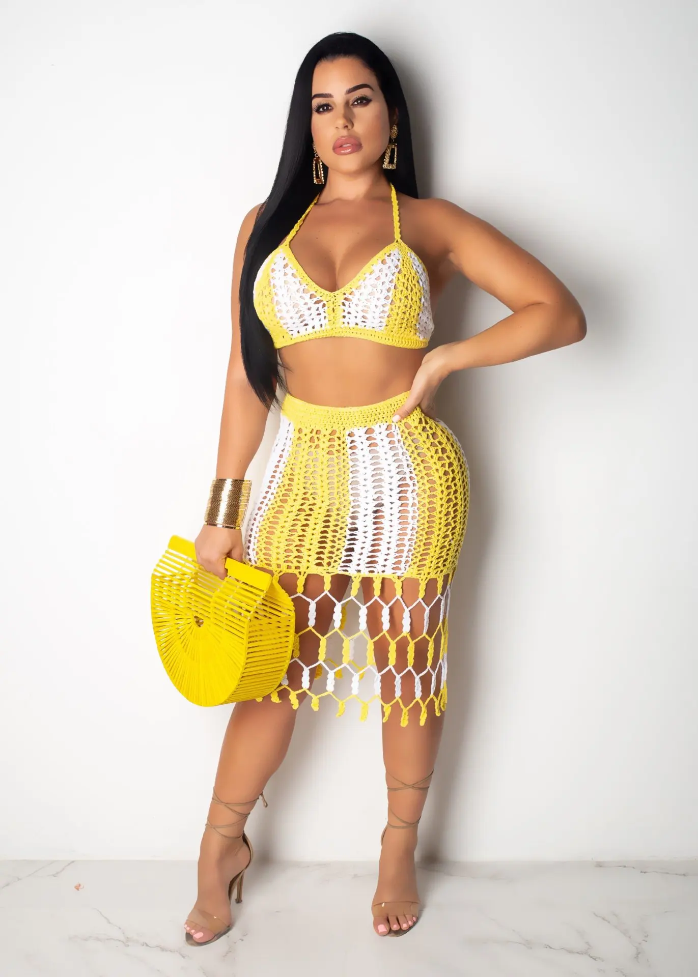 

Women's fashion European and American color matching woven beach skirt two-piece suit