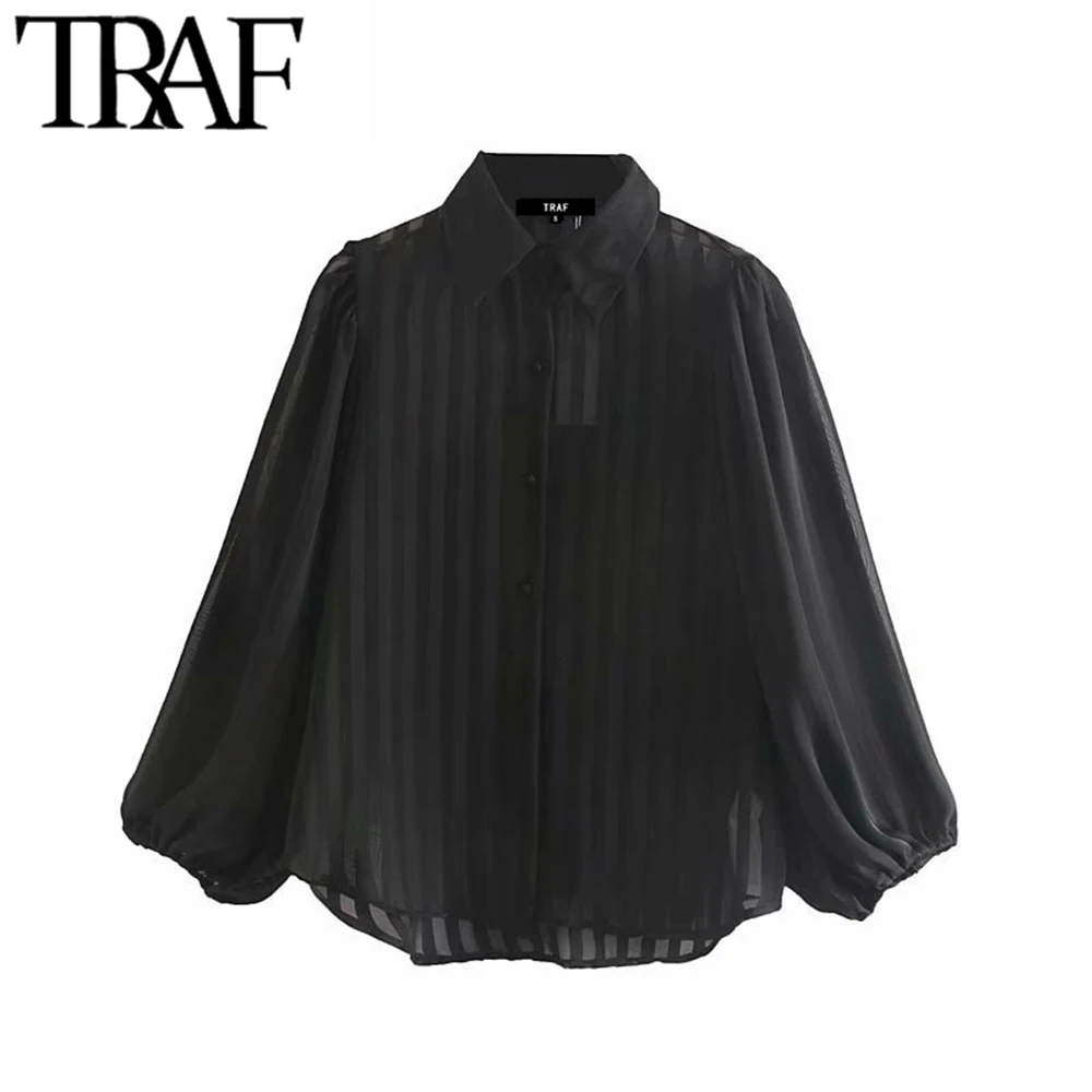 TRAF женские шикарные топы винтажная мода полосатая блузка из органзы воротник с лацканами фонарь рукав прозрачные сексуальные рубашки Blusas Mujer