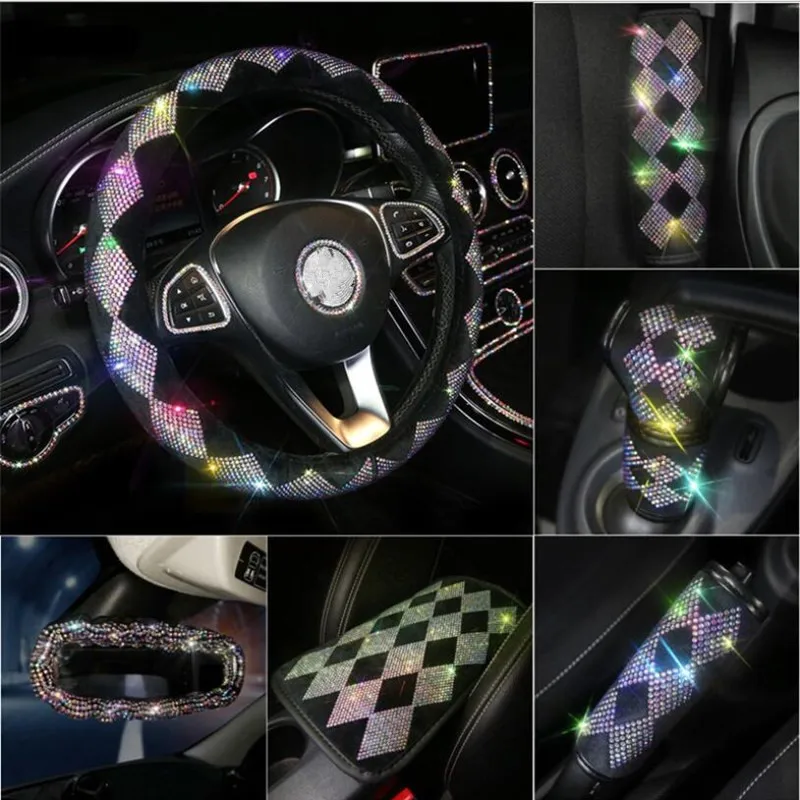 

Colored Rhinestone Crystal Car Steering Wheel Cover Headrest Pillow Diamond Car Seat Belt Cover Auto Interior Accessories Set