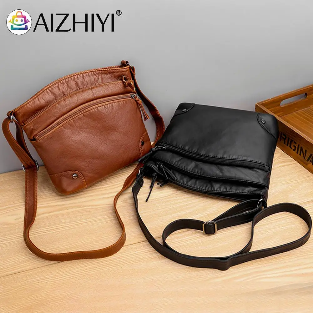 

Fashion Solid Color Shoulder Tote Bag Women Wash Soft Leather Multi-pocket Messenger Handbag Large Capacity Street Shopping Bag